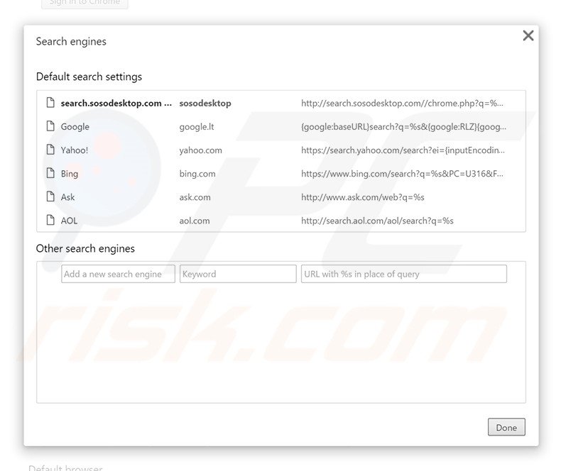 Eliminando search.sosodesktop.com del motor de búsqueda por defecto de Google Chrome