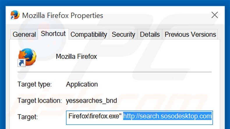 Eliminar search.sosodesktop.com del destino del acceso directo de Mozilla Firefox paso 2