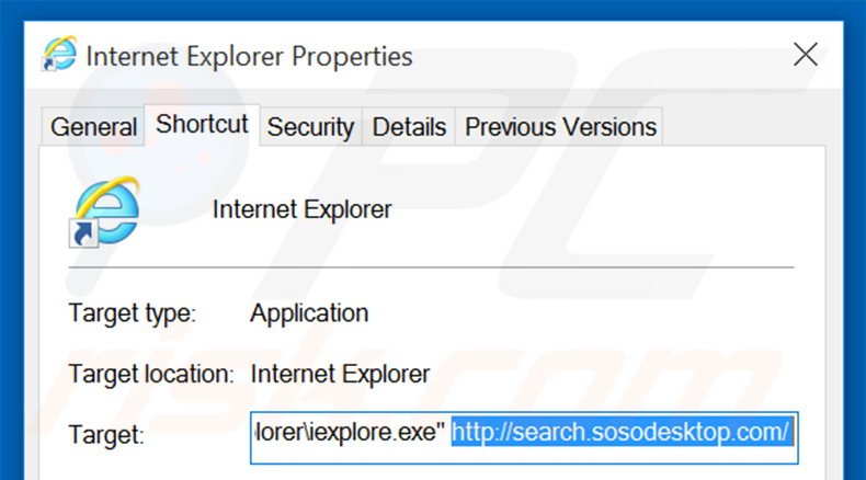Eliminar search.sosodesktop.com del destino del acceso directo de Internet Explorer paso 2