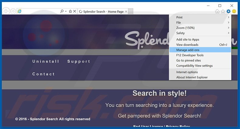 Eliminando los anuncios de Splendor Search de Internet Explorer paso 1