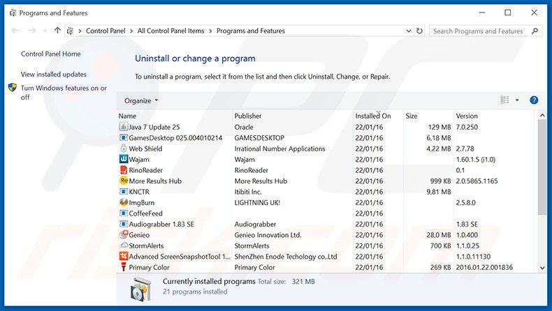 desinstalar el adware Splendor Search del Panel de control