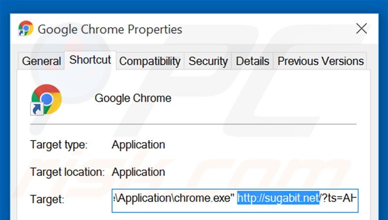 Eliminar sugabit.net del destino del acceso directo de Google Chrome paso 2
