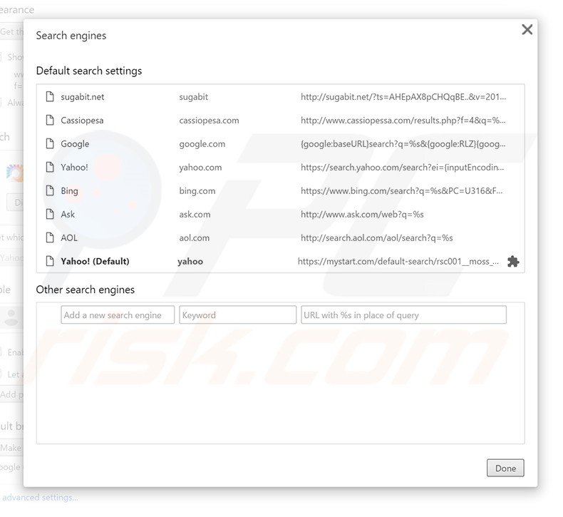 Eliminando sugabit.net del motor de búsqueda por defecto de Google Chrome