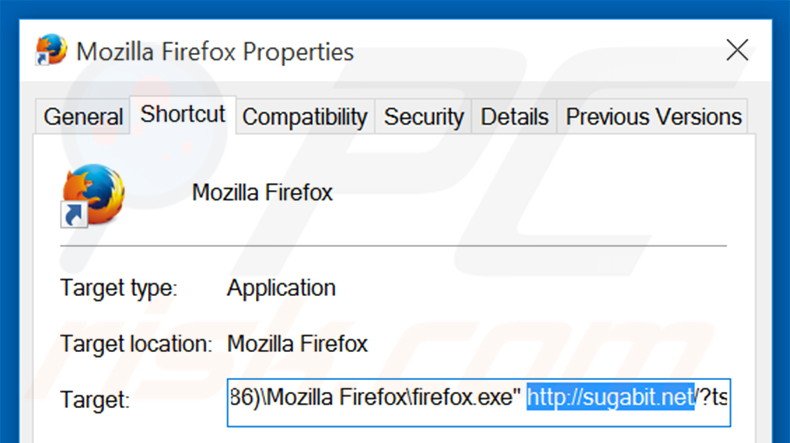 Eliminar sugabit.net del destino del acceso directo de Mozilla Firefox paso 2