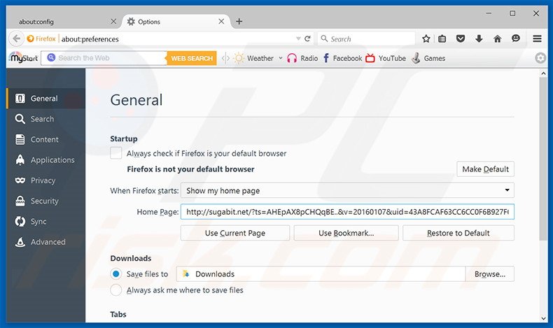 Eliminando sugabit.net de la página de inicio de Mozilla Firefox