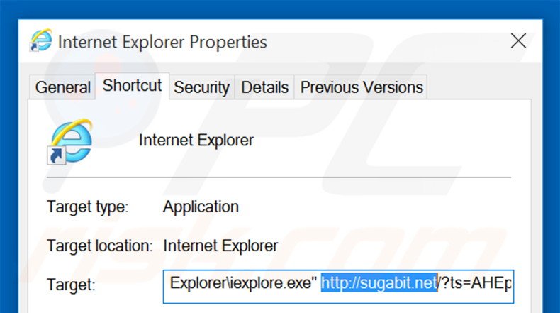 Eliminar sugabit.net del destino del acceso directo de Internet Explorer paso 2