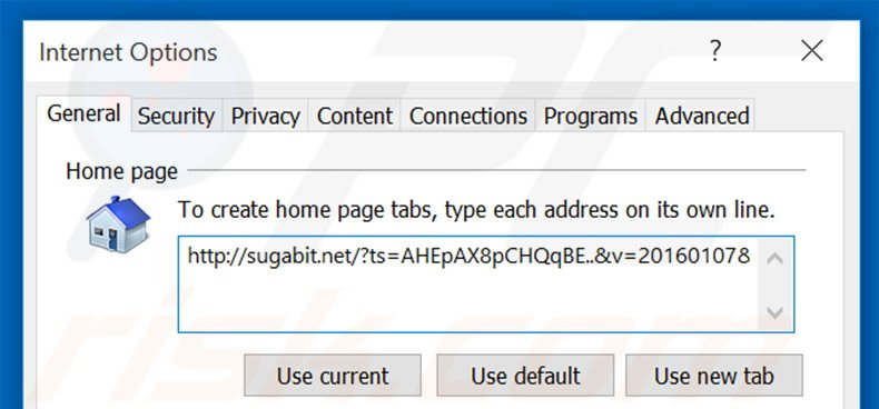 Eliminando sugabit.net de la página de inicio de Internet Explorer