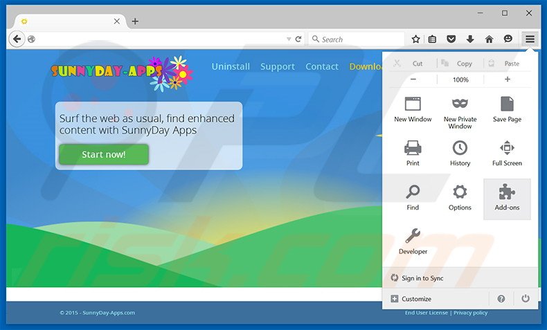 Eliminando los anuncios SunnyDay-Apps de Mozilla Firefox paso 1