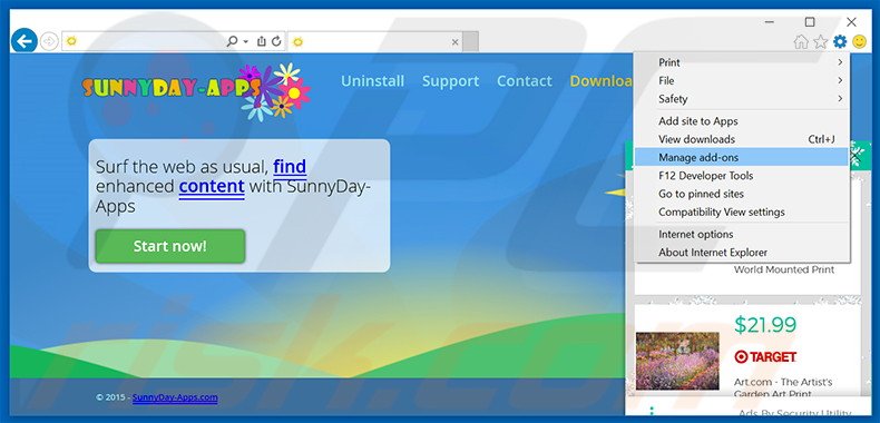 Eliminando los anuncios de SunnyDay-Apps de Internet Explorer paso 1