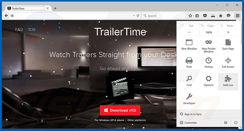 Eliminando los anuncios TrailerTime de Mozilla Firefox paso 1