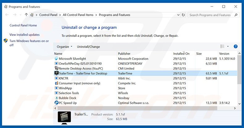 desinstalar el adware TrailerTime del Panel de control