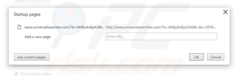 Eliminando universalsearches.com de la página de inicio de Google Chrome