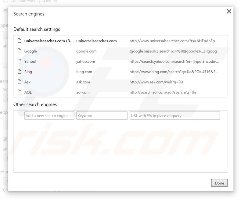 Eliminando universalsearches.com del motor de búsqueda por defecto de Google Chrome
