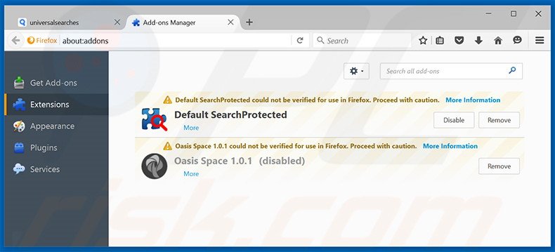 Eliminando universalsearches.com de las extensiones de Mozilla Firefox