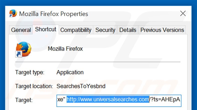 Eliminar universalsearches.com del destino del acceso directo de Mozilla Firefox paso 2