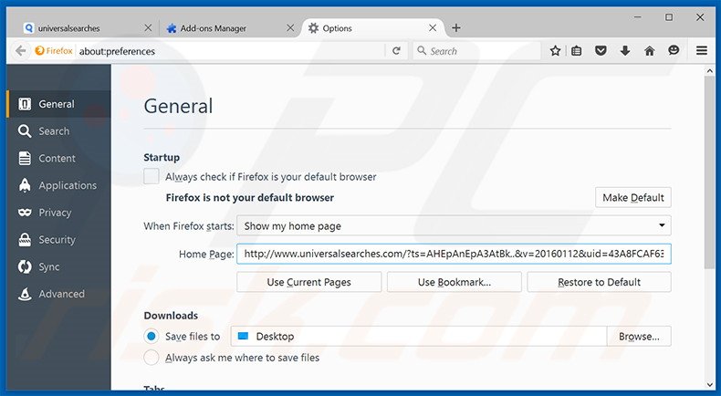Eliminando universalsearches.com de la página de inicio de Mozilla Firefox