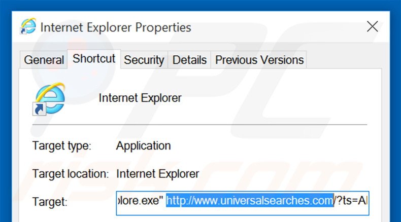 Eliminar universalsearches.com del destino del acceso directo de Internet Explorer paso 2