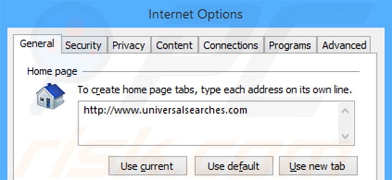 Eliminando universalsearches.com de la página de inicio de Internet Explorer