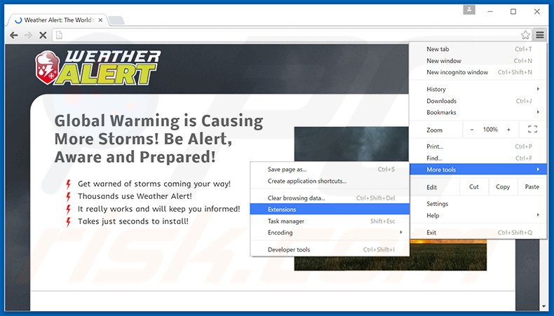 Eliminando los anuncios de Weather Alert de Google Chrome paso 1