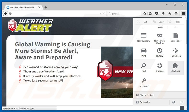 Eliminando los anuncios de Weather Alert de Mozilla Firefox paso 1