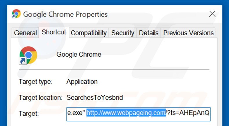 Eliminar webpageing.com del destino del acceso directo de Google Chrome paso 2