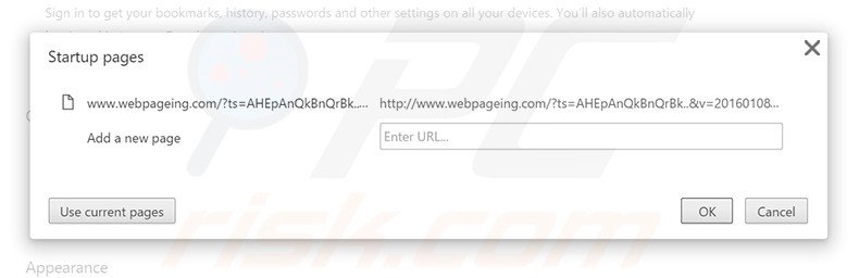 Eliminando webpageing.com de la página de inicio de Google Chrome