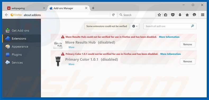 Eliminando webpageing.com de las extensiones de Mozilla Firefox