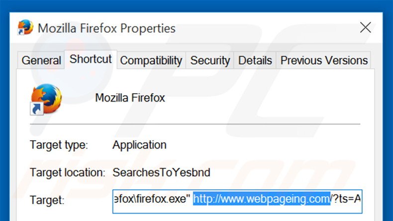 Eliminar webpageing.com del destino del acceso directo de Mozilla Firefox paso 2