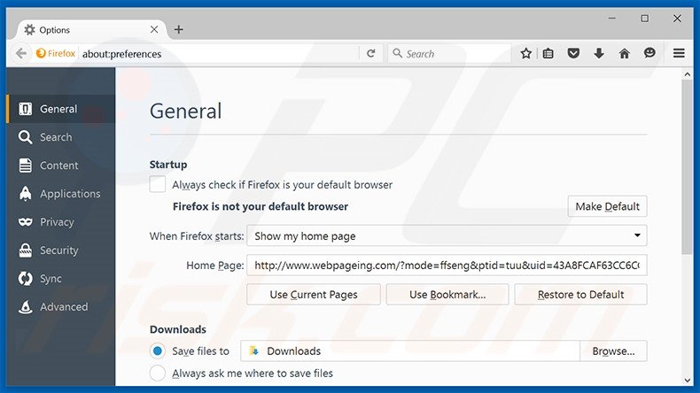 Eliminando webpageing.com de la página de inicio de Mozilla Firefox
