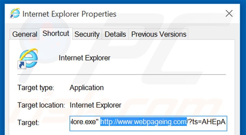 Eliminar webpageing.com del destino del acceso directo de Internet Explorer paso 2