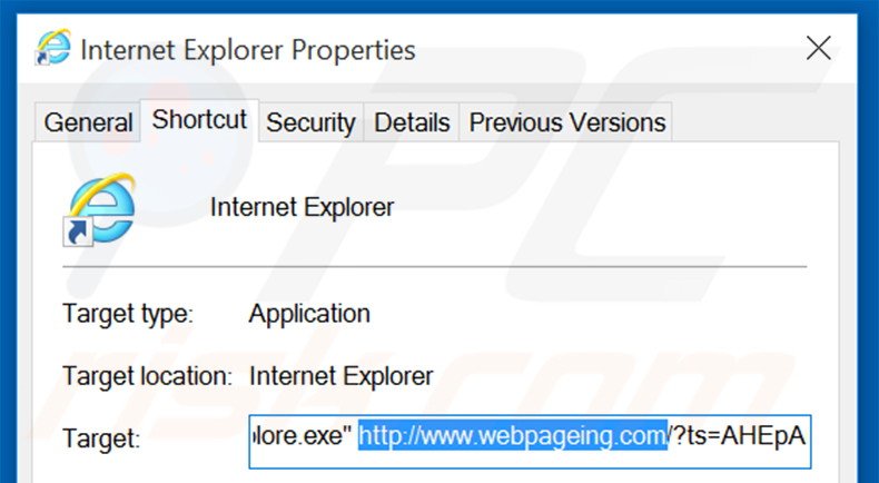 Eliminar webpageing.com del destino del acceso directo de Internet Explorer paso 2