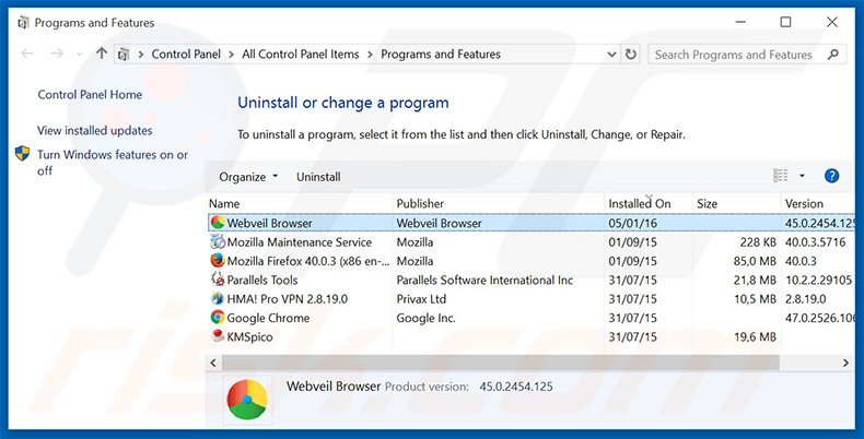 desinstalar el adware WebVeil del Panel de control