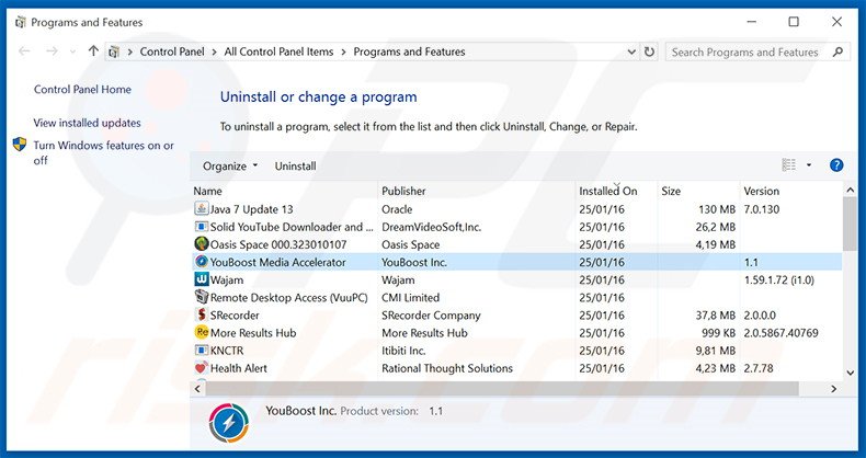 desinstalar el adware YouBoost del Panel de control