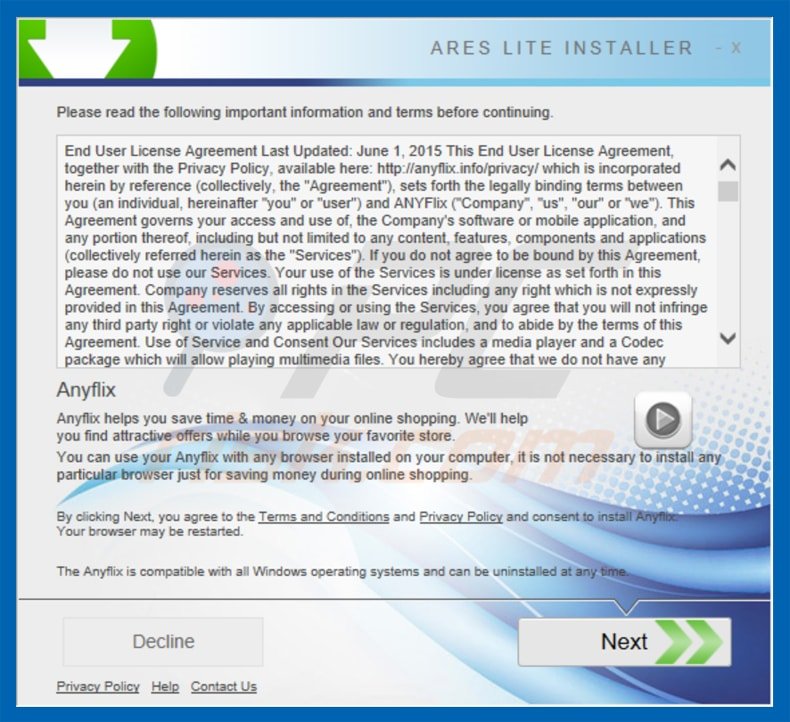 Instalador del software publicitario anyflix