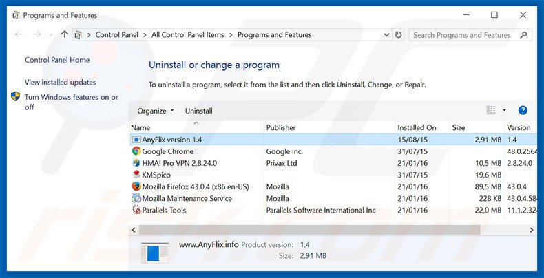 desinstalar el adware AnyFlix del Panel de control