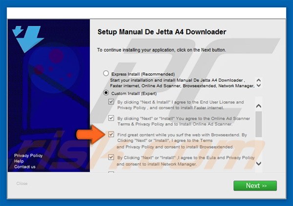 instalador que distribuye el software publicitario Browseextended