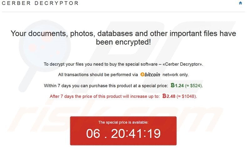 Mensaje de advertencia que avisa de que los archivos han sido encriptados por el virus criptográfico Cerber