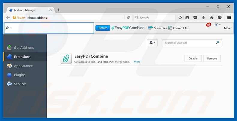 Eliminando EasyPDFCombine de las extensiones de Mozilla Firefox