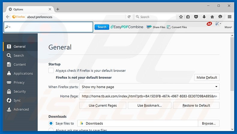 Eliminando EasyPDFCombine de la página de inicio de Mozilla Firefox