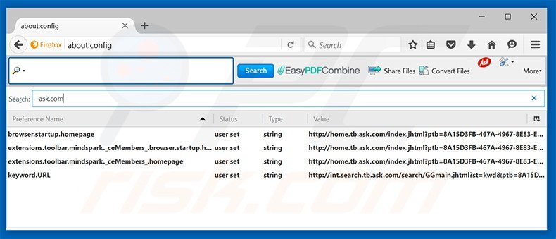 Eliminar EasyPDFCombine del motor de búsqueda por defecto de Mozilla Firefox