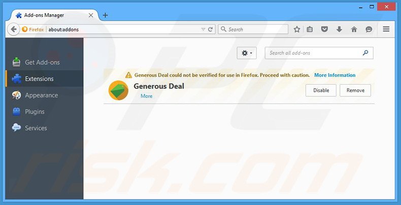 Eliminando los anuncios de Generous Deal de Mozilla Firefox paso 2