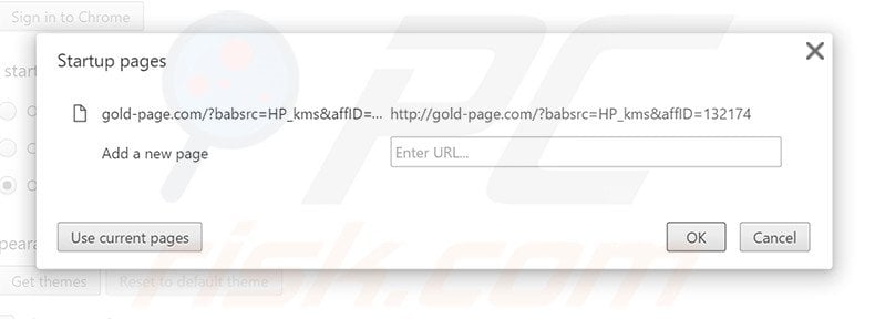 Eliminando gold-page.com de la página de inicio de Google Chrome