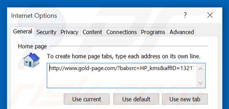 Eliminando gold-page.com de la página de inicio de Internet Explorer
