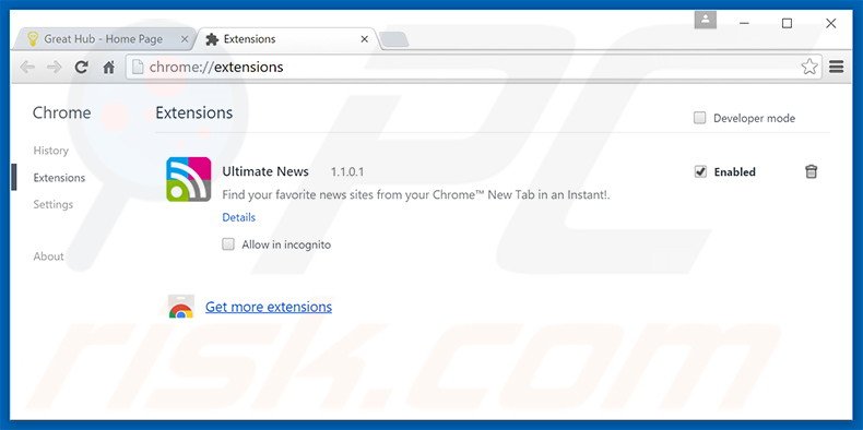 Eliminando los anuncios de Great Hub de Google Chrome paso 2