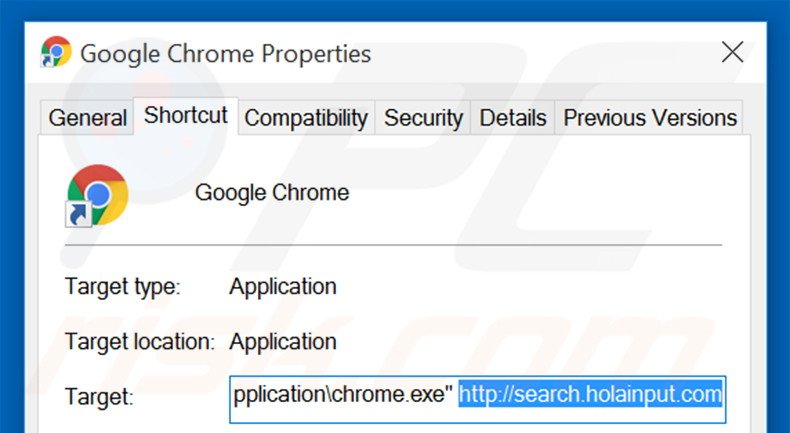 Eliminar search.holainput.com del destino del acceso directo de Google Chrome paso 2