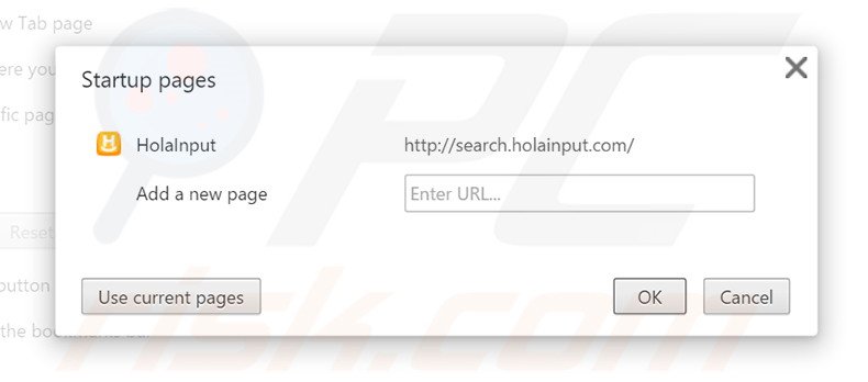 Eliminando search.holainput.com de la página de inicio de Google Chrome
