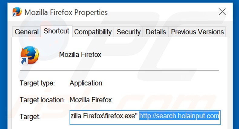 Eliminar search.holainput.com del destino del acceso directo de Mozilla Firefox paso 2