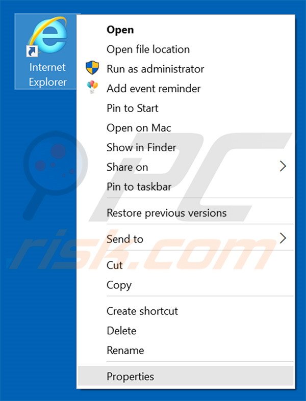 Eliminar search.holainput.com del destino del acceso directo de Internet Explorer paso 1