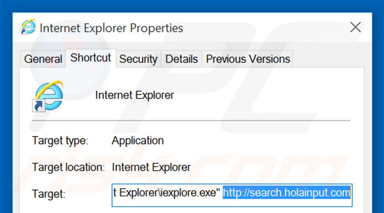 Eliminar search.holainput.com del destino del acceso directo de Internet Explorer paso 2