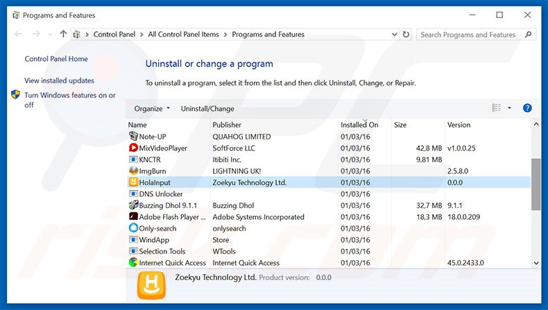 desinstalar el secuestrador de navegadores search.holainput.com desde el Panel de control